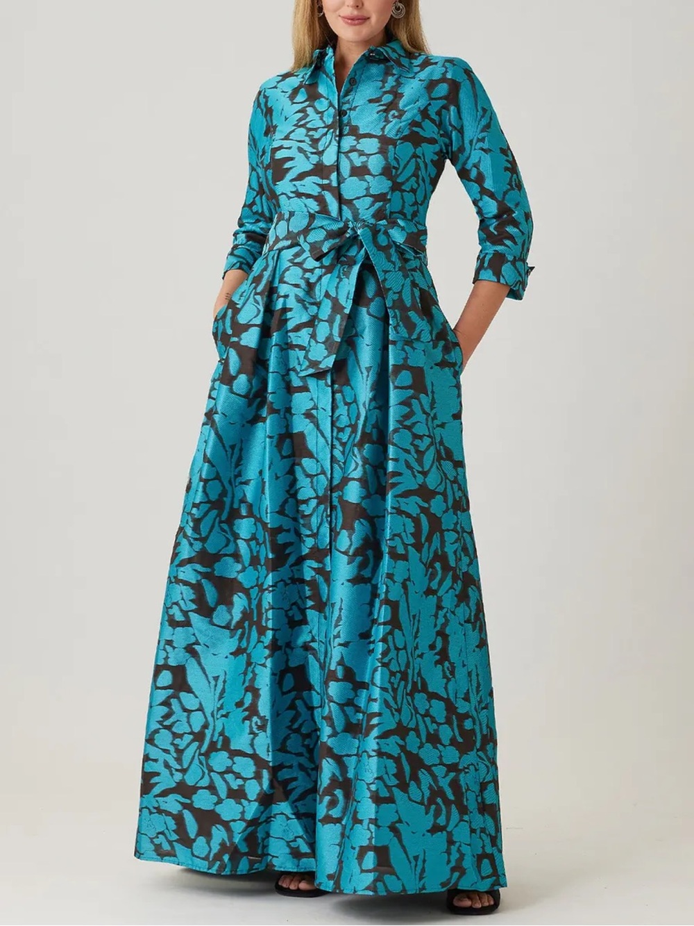 TERI JON Burnout Jacquard Floral Pattern Shirt Waist Gown